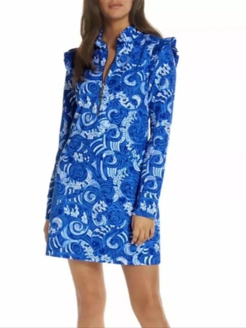 NWOT Lilly Pulitzer Skipper Ruffle UPF 50+ Long Sleeve Mini Dress Blue Grotto. S